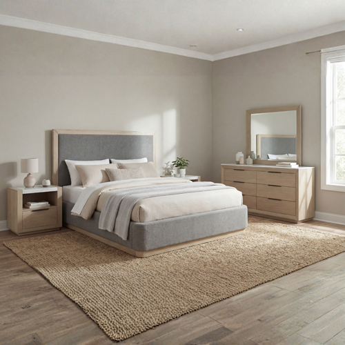 Savannah Light Grey Colour MDF Fabric Upholstery 4Pcs Dresser Bedroom Suite