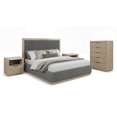 Savannah Light Grey Colour MDF Fabric Upholstery 4Pcs Tallboy Bedroom Suite