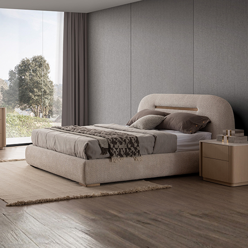 Poppy Bed Khaki Fabric Upholstery with Metal Support Frame