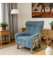 Dhalia Blue Tufted Armchair with Solid Wood Leg