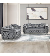 Duke 3+2 Seater Sofa Velvet High Density Foam Solid Wood and Plywood Gold/Silver Stainless Steel Trim