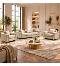 Juliette 3+1+1 Seater Velvet Sofa with Gold Trim – Beige Juliette 3+1+1 Seater Velvet Sofa with Gold Trim – Beige