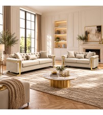 Juliette 3+2 Seater Velvet Sofa with Gold Trim – Beige Juliette 3+2 Seater Velvet Sofa with Gold Trim – Beige