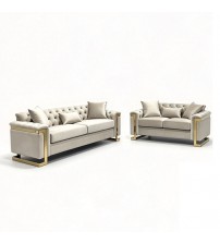 Juliette 3+2 Seater Velvet Sofa with Gold Trim – Beige