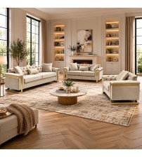 Juliette 3+2+1 Seater Velvet Sofa with Gold Trim – Beige Juliette 3+2+1 Seater Velvet Sofa with Gold Trim – Beige