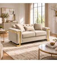 Juliette 2 Seater Velvet Sofa with Gold Trim – Beige Juliette 2 Seater Velvet Sofa with Gold Trim – Beige